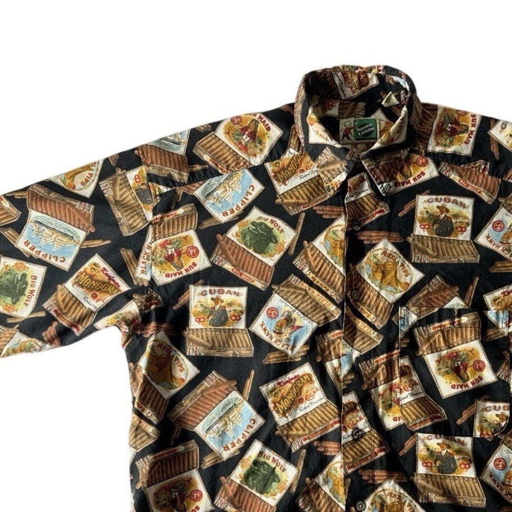 Vintage Johnny Cotton Camp Shirt Mens M Tobacco Novelty USA‎ Resortwear